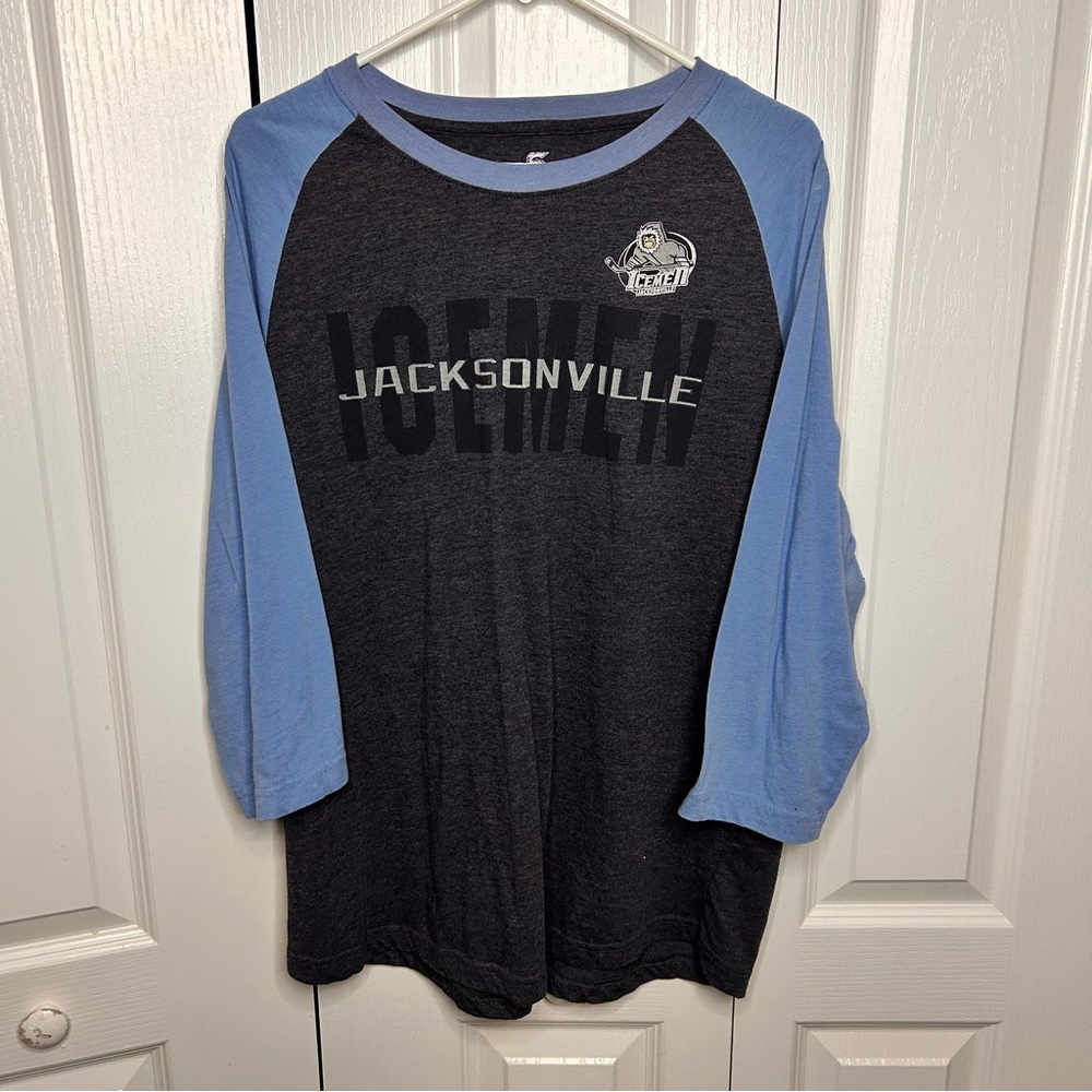 Jacksonville Icemen Hockey 3/4 Sleeve Crew‎ Neck Shirt Size XL Gray Blue